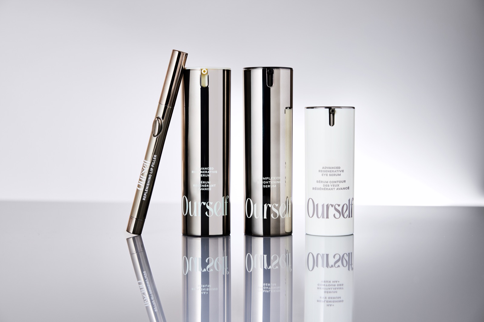 Ourself skincare product family with tilted lip product